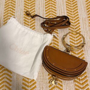Chloe Tan Leather Wristlet with Gold Accents